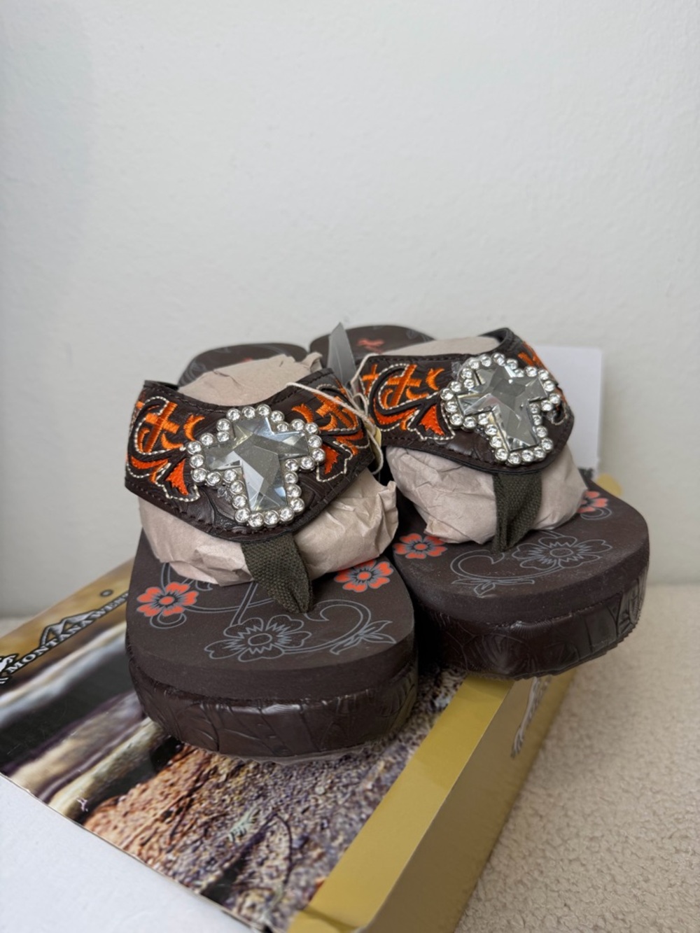 Montana West Black Wedge Sandals with Multicolor Paisley Embellishments